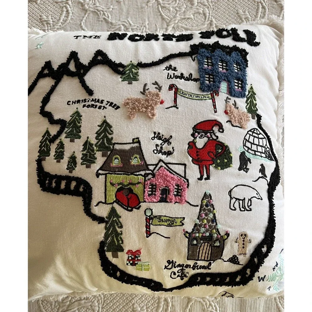The North Pole Decorative Pillow Christmas Embroidered Santa Reindeer Americas